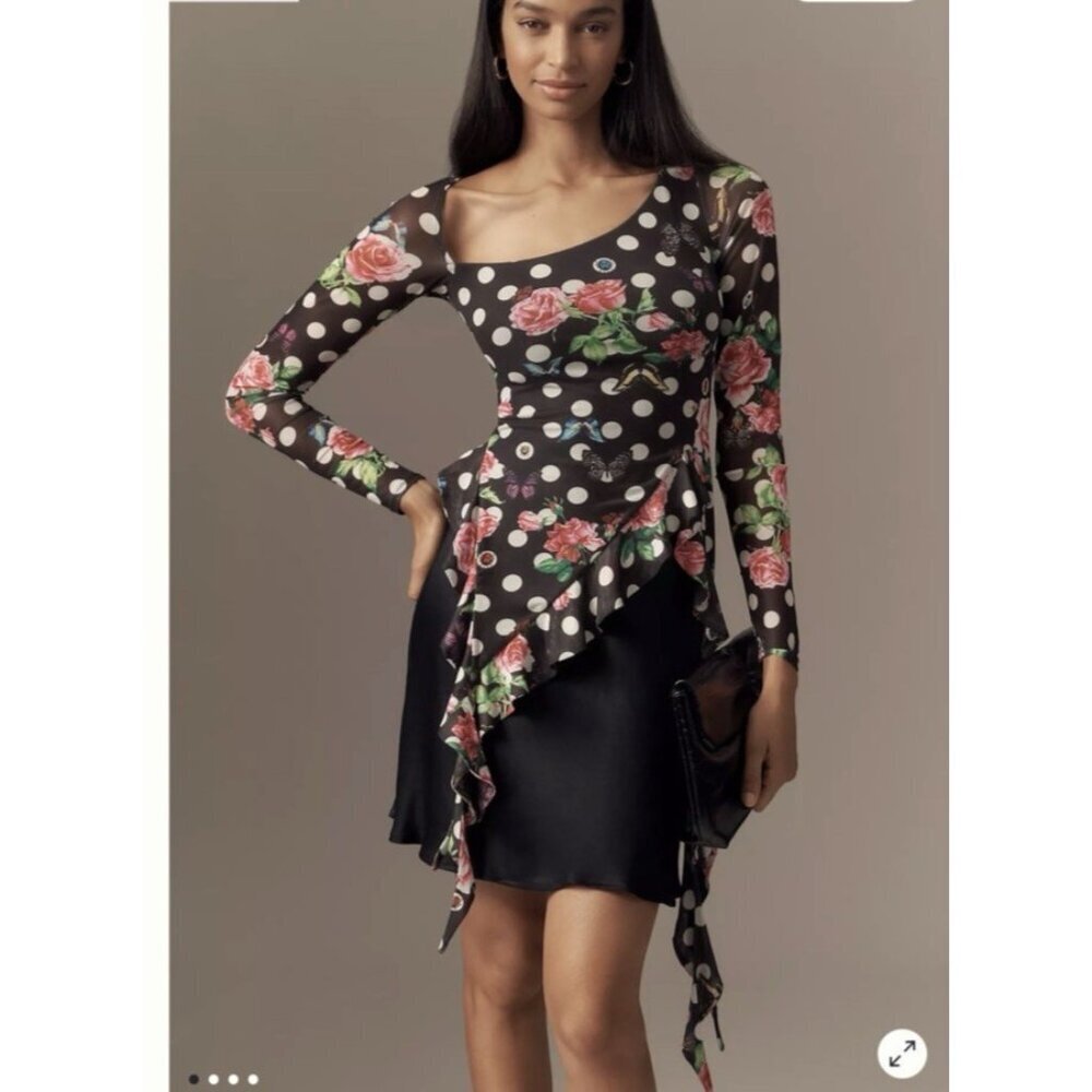 AFRM Doris Asymmetric Top XXS Floral Polka Dot Mesh Anthropologie NWT